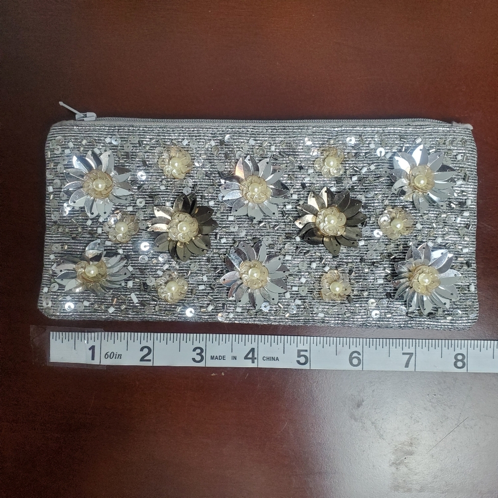 3/$15 - Sequin & Pearl Floral Zipper Makeup Bag, Silver w/Gold